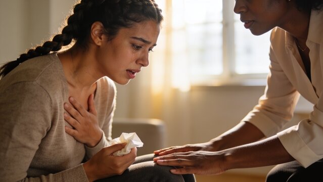 Soothing blazer-clad aide leaning helping her in sweater on sofa at home holding tissue, copy space