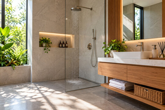 Modern Walk In Shower Bathroom with Oak Vanity and Natural Stone Tiles