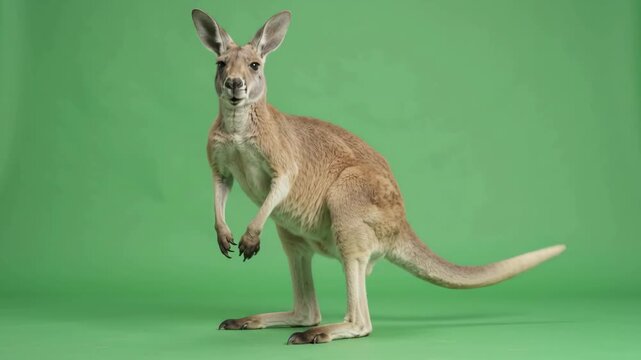 A kangaroo stands against a green screen and looks attentively straight into the camera. The wild Australian animal turns its head and showcases its silhouette in a studio setting