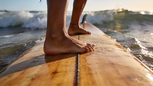 Balancing barefoot surfer legs standing at ocean on wooden longboard showing stringer