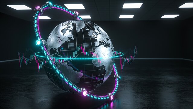 Rotating metallic globe showing holographic candlestick charts in dark gallery, with neon rings
