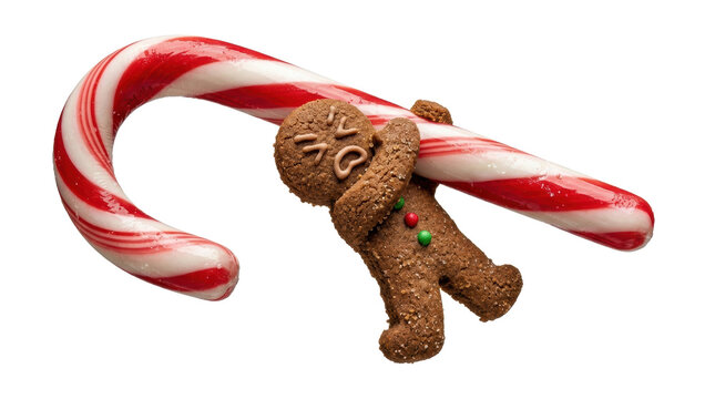Gingerbread man cookie clinging tightly to a large festive red and white striped candy cane, evoking sweet holiday season traditions.