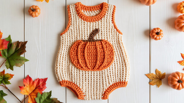 Handmade halloween crochet baby romper in cream yarn with an orange pumpkin applique and orange trim laid flat on a white wooden surface with small decorative pumpkins and autumn leaves