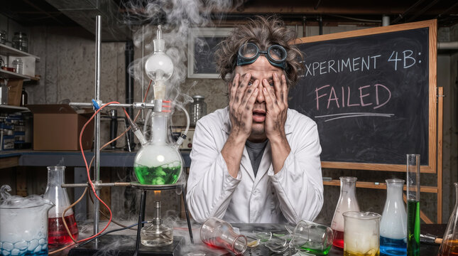 Desperate researcher covering face after explosion in messy basement laboratory. Failed chemistry experiment with smoke and shattered glassware.