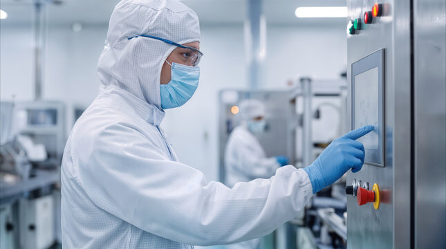 Microchip fabrication engineer in protective cleanroom suit operating digital touchscreen interface