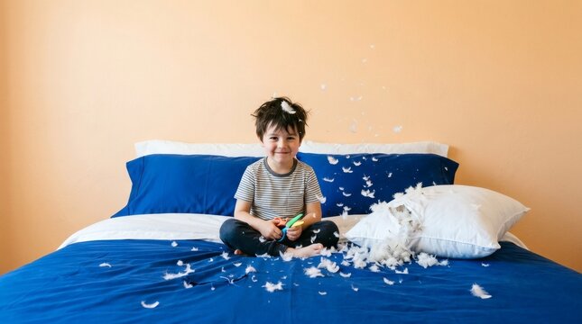 Mischievous little boy playing with torn pillow and feathers on bed
