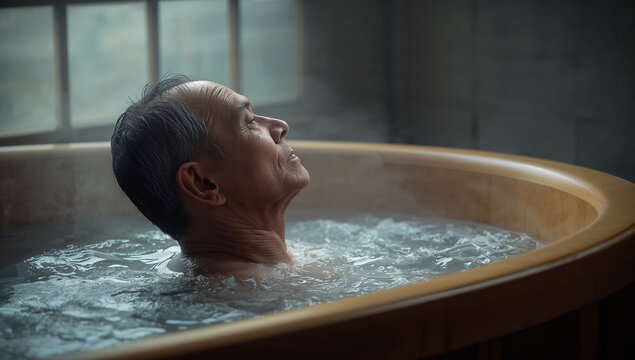 木の浴槽に肩までつかり目を閉じる年配の男性
