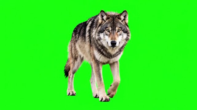 Adult Gray Wolf Walking in Place on Pure Green Screen, Full Body Wildlife VFX Footage for Nature Documentaries, Education and Digital Compositing Projects Workflow