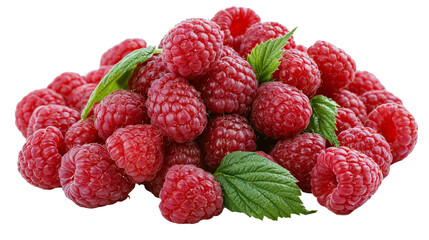Fresh ripe red raspberries with green leaves piled in a heap © Emrik