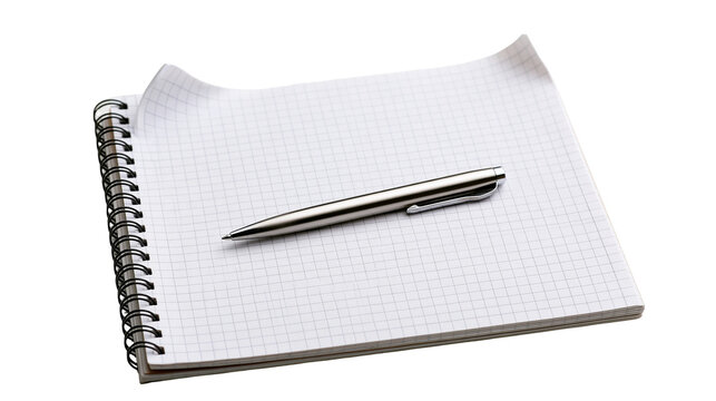 Spiral bound grid paper notebook with a sleek silver metal ballpoint pen