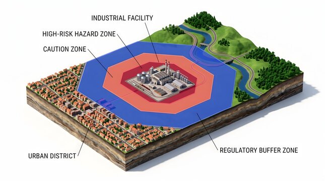 Diagram illustrating industrial facility safety zones including urban district caution zone high risk hazard zone and regulatory buffer zone.