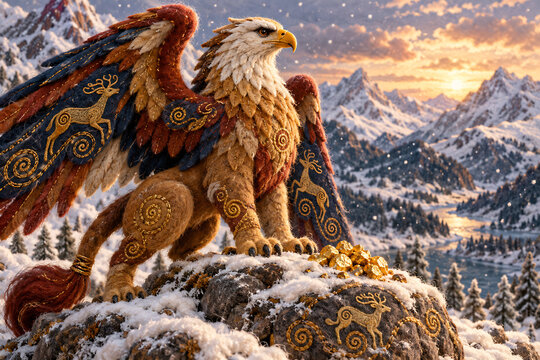 Felted Wool Griffin Guarding Gold Nuggets on a Snowy Mountain