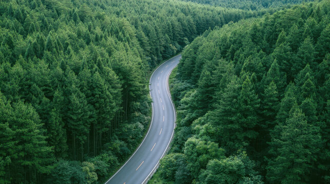 scenic drone aerial top down view of winding asphalt road curving through dense green pine tree forest nature landscape journey travel driving route environmental transportation background banner