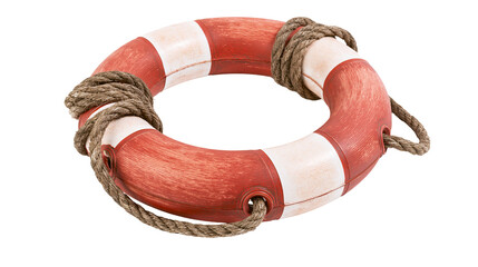 Red and white striped circular lifebuoy with thick brown rope © Stefan