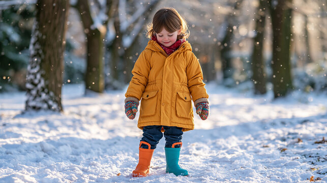 A child in a mustard winter coat and knitted mittens standing on a snow-covered park trail wearing mismatched orange and turquoise rubber boots, looking down at the snow around their feet, tall fros