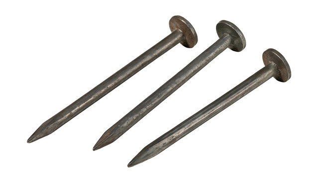 Three heavy duty steel construction nails with flat heads and sharp points