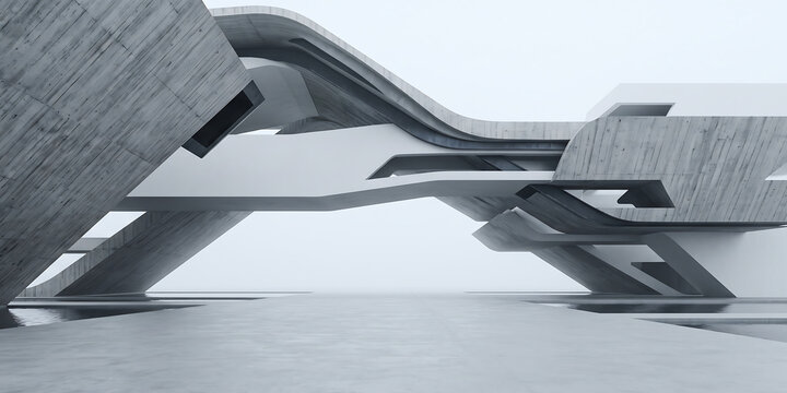 Abstract 3d architectural environment featuring giant concrete waves and wide empty plaza space