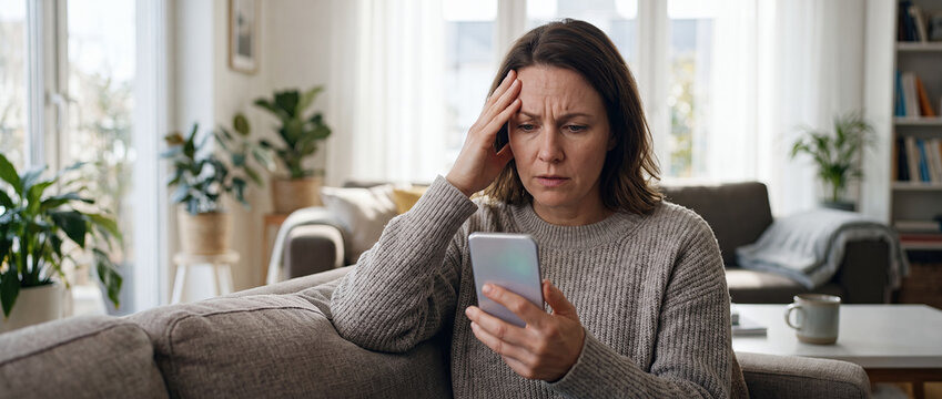Worried Woman Reading Bad News on Smartphone at Home