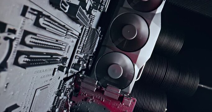 Working graphics card and motherboards with heatsink and fans.