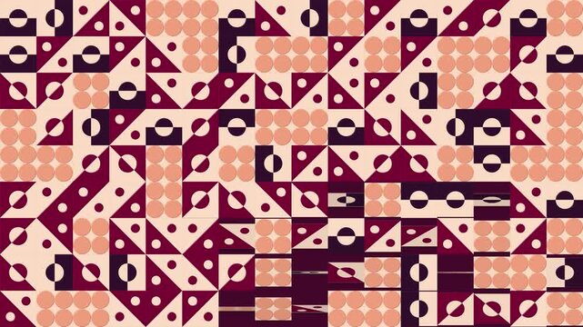 Mid century geometric tiles flipping like cards and changing shapes, plum and peach Bauhaus pattern seamless loop