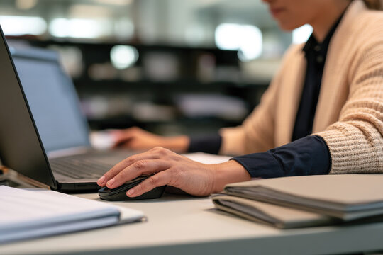 A close-up of a busy professional using a laptop, typifying focus and engagement amidst paperwork, reflecting the dynamics of contemporary office environments.