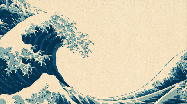 Vintage Japanese ocean art wave illustration with curling foam and textured paper background