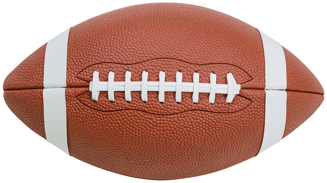 Brown leather American football with white laces and stripes