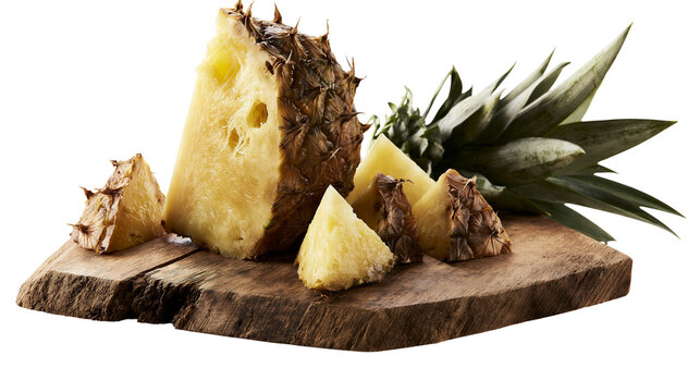 Fresh ripe pineapple chunks and slices on a rustic wooden cutting board