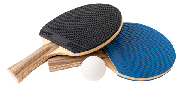 Black and blue table tennis rackets with a white ping pong ball