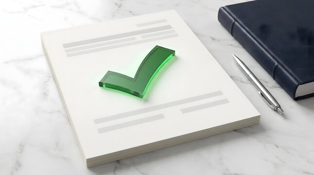 Green 3D checkmark glass icon on document stack with pen and ledger on marble desk. Approved audit report, corporate compliance, quality assurance, and tax inspection concept