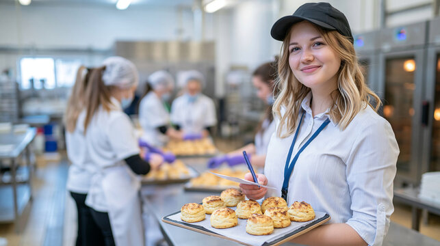 A quality control manager observing a team of kitchen employees preparing baked goods in a large industrial bakery kitchen, inspector checking production standards while workers handle trays of past