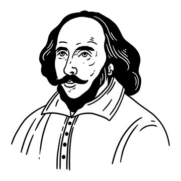 Black and white line illustration of William Shakespeare with distinctive mustache, long hair and historical clothing. Suitable for literature, theater, education and history themes.