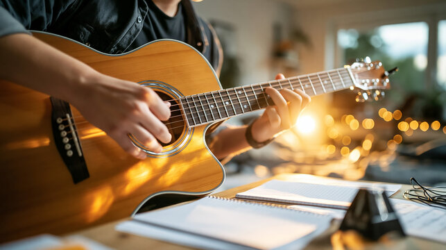 Acoustic guitar practice beside open notebooks in warm sunlight