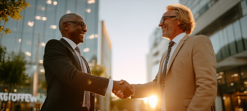 Two smiling businessmen shaking hands outside glass office buildings