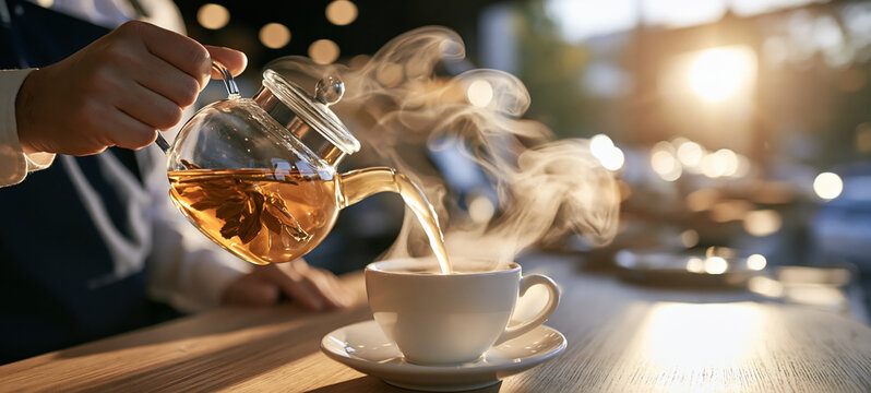 Hand pouring steaming tea from a glass teapot into a cup