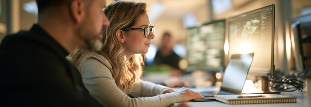Woman and colleague working beside computer screens in bright office