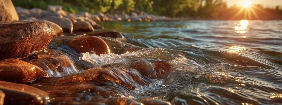 Shallow river flowing over red brown rocks at sunset