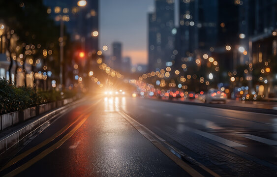 Wet city road reflecting headlights between tall buildings at dusk