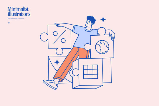 Man arranging puzzle pieces with business, finance, calendar, and globe symbols, representing problem solving and strategic planning. Minimalist flat vector illustration for presentations and web.