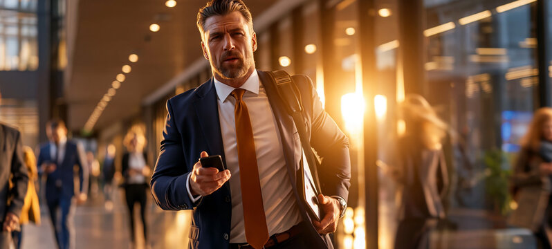 Businessman checks his phone while walking through a glass corridor