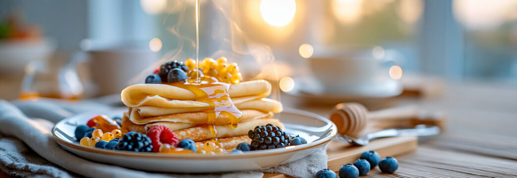 Pancakes with mixed berries and golden syrup at breakfast