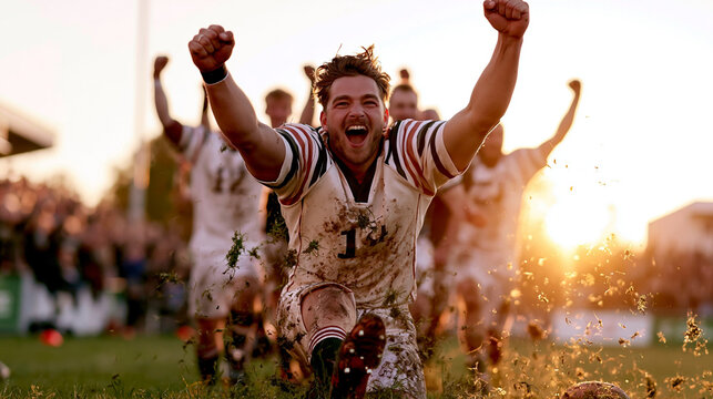 Jubilant football player sliding across grass with raised fists