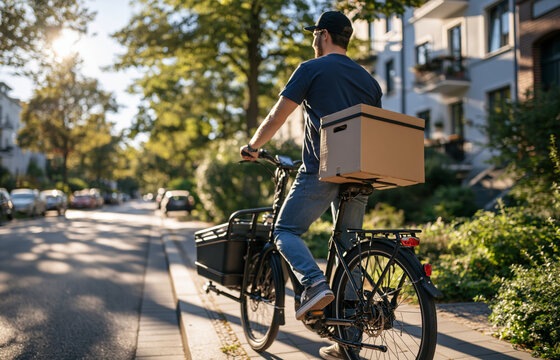 Bicycle courier carrying a cardboard parcel along leafy street