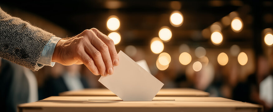 Hand placing blank ballot into wooden voting box