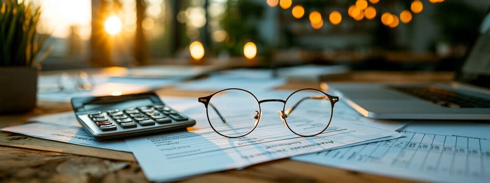 Round eyeglasses and calculator on papers in warm sunlight