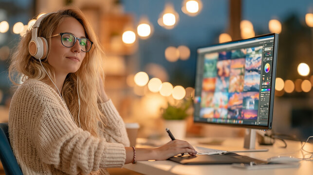 Woman with glasses and headphones seated at a bright computer workstation