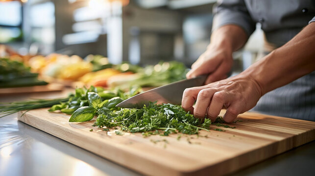 Cook slicing green herbs with a knife in a bright kitchen