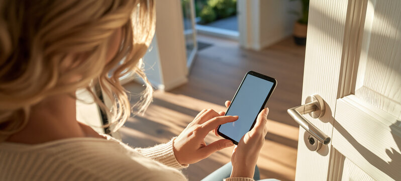 Woman using a smartphone beside an open front door