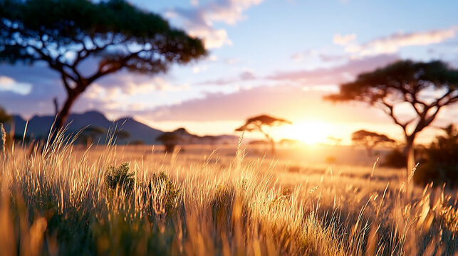 Golden savanna grass and acacia trees beneath a glowing sunset