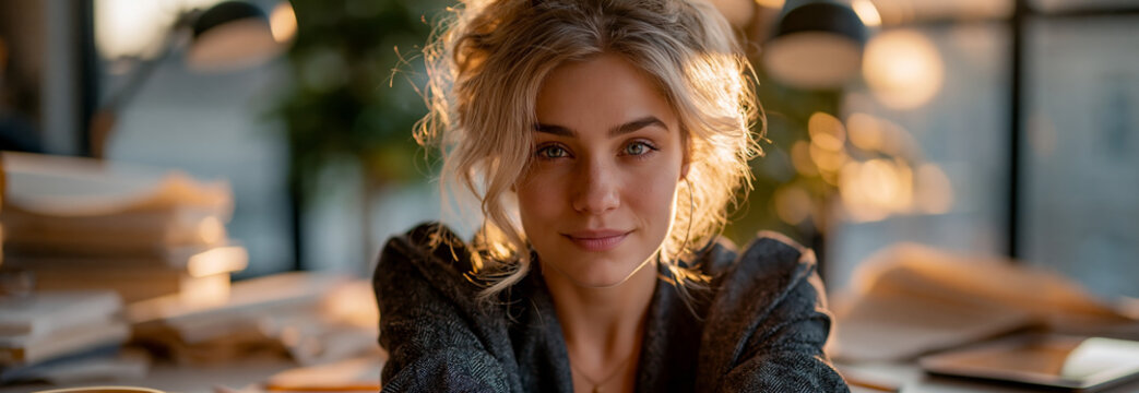 Blonde woman in a tweed blazer beside office books and papers